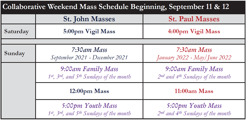 New Collaborative Weekend Mass Schedule Begins the Weekend of September